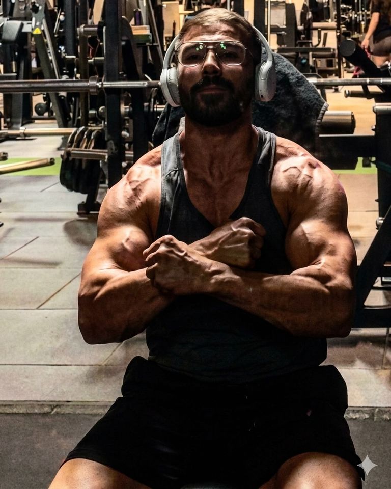 Alejandro Albornoz, coach personal, sentado en banco de gimnasio con los brazos cruzados.